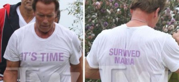 Арнолд Шварценегер носи тениска с надпис '' I Survived Maria''