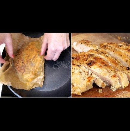 Най-сочното пилешко става на сух тиган - дваж по-сочно и цвърчи, като го разрежеш в чинийката! Разкош: