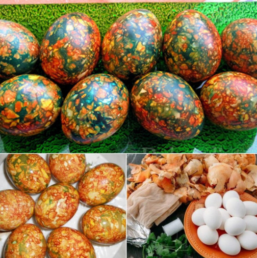 Тази година боядисах яйцата както правят рускините - шепа лук, малко сол и става вълшебна мозайка!