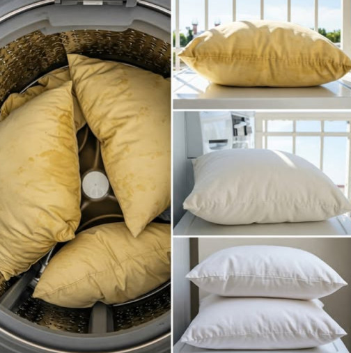ПЕРФЕКТНИЯТ трик на моята свекърва за премахване на жълтилката от възглавниците - 3 съставки в барабана на пералнята и готово!