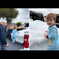 Прадядо донесе пълен багажник със сняг за малкия си правнук